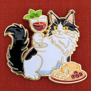 Black & White Cat Enamel Pin with Wine and Cheese - Tuxedo Cat